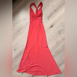 Max & Cleo Coral Red Halter Maxi Dress with Beaded Empire Waist